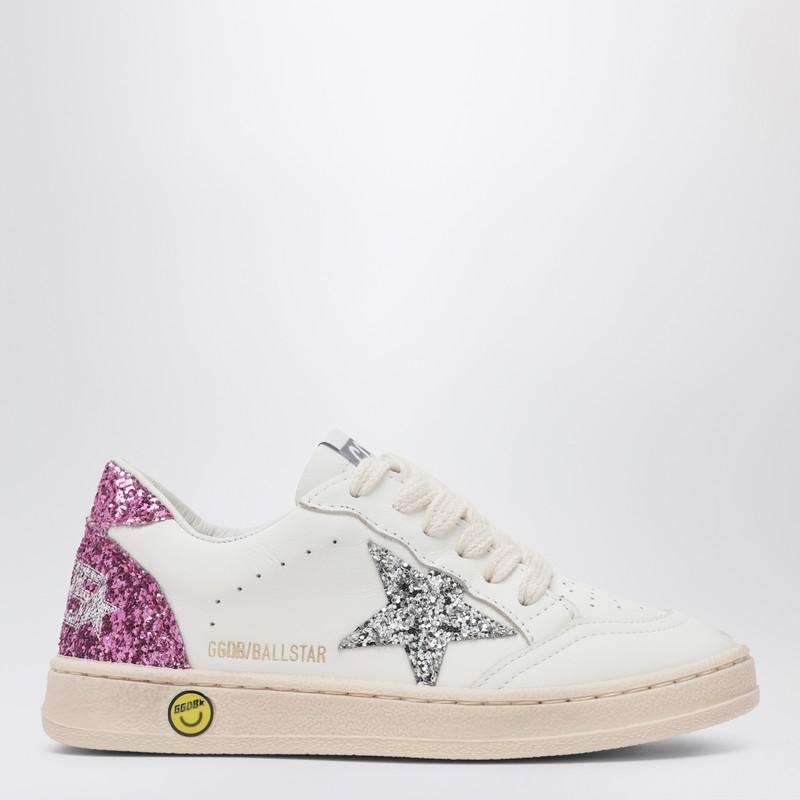 Golden Goose White leather Ball Star sneakers with silver/pink glitter