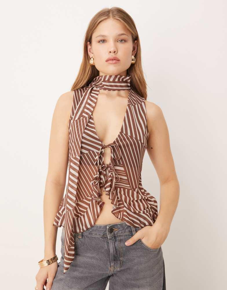 ASOS ASOS DESIGN ruffle waistcoat with scarf in chocolate stripe