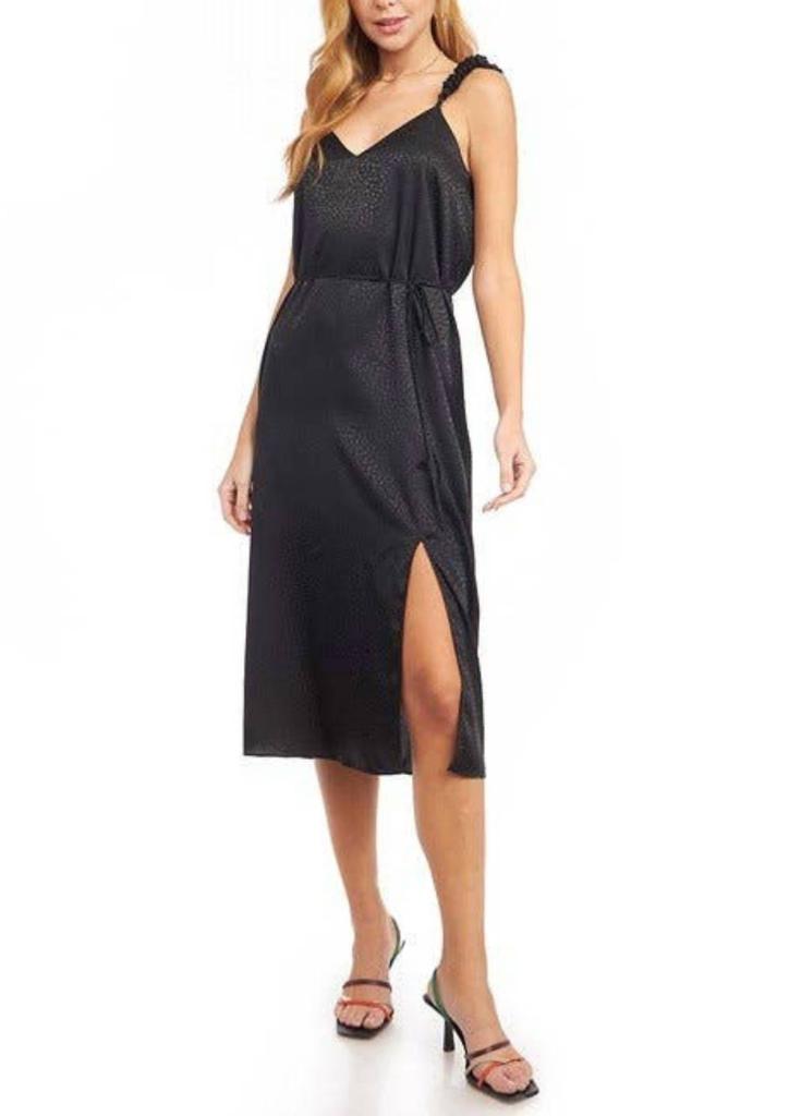 Naked Zebra Satin Scrunch Strap Midi Dress In Black