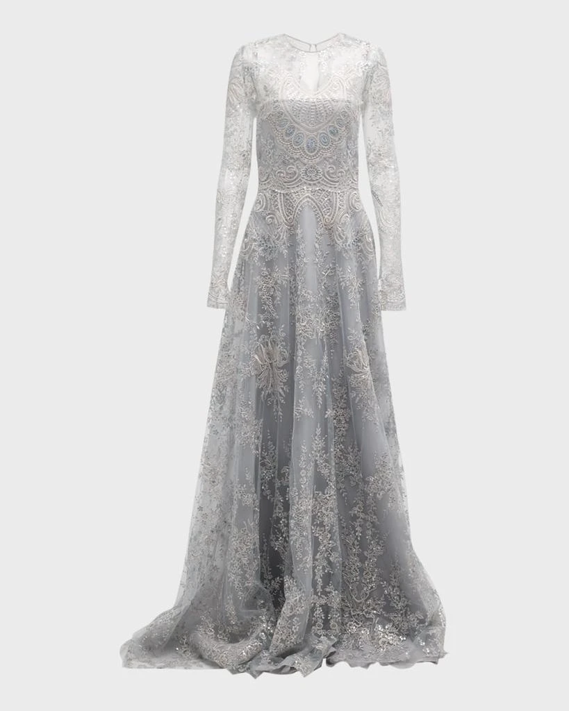 Naeem Khan Tattoo Lace Gown with Sheer Overlay 1