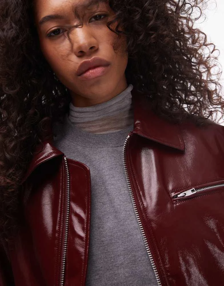 Topshop Topshop faux leather vinyl bomber jacket in burgundy 4