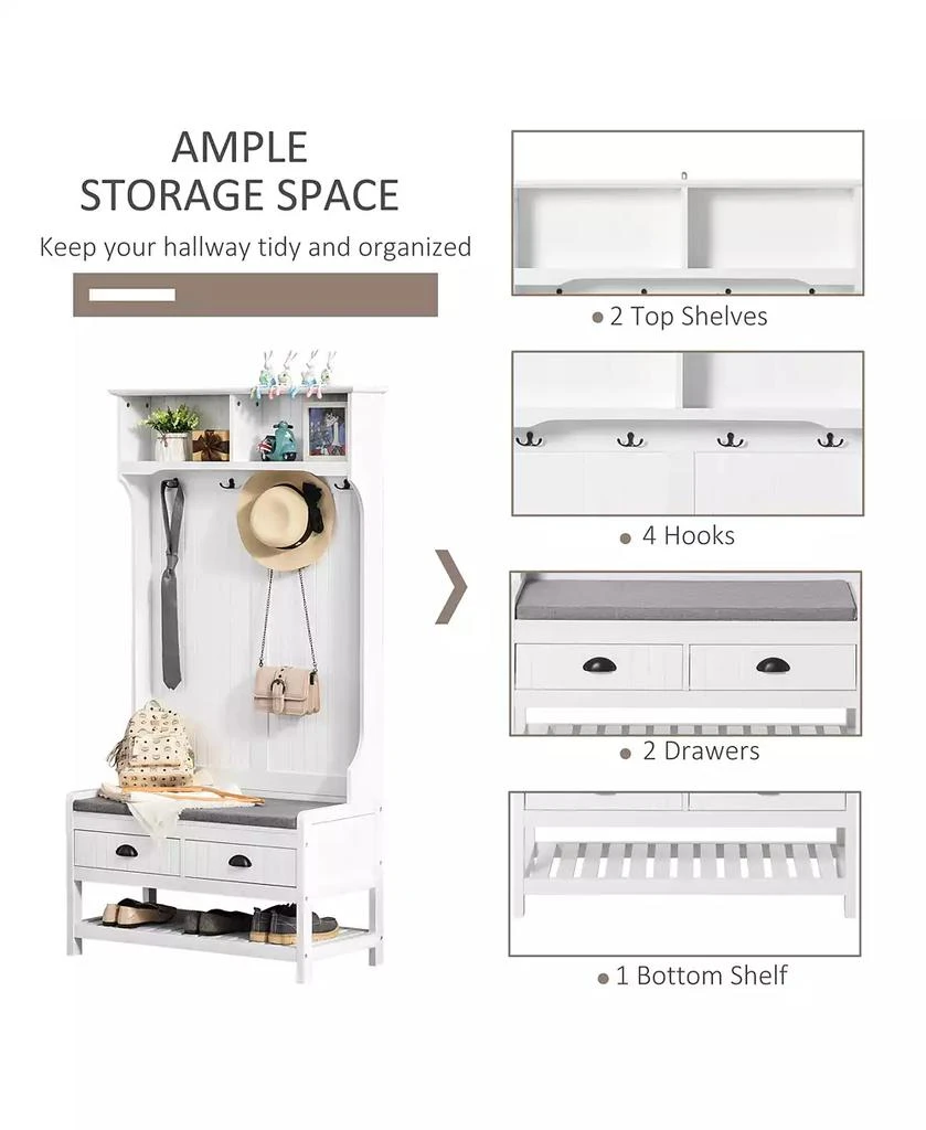 Streamdale Furniture 3-in-1 Hall Tree, Entryway Bench with Coat Rack, Mudroom Bench with Shoe Rack, 2 Storage Drawers, 4 Hooks and Padded Seat Cushions for Hallway, White 5