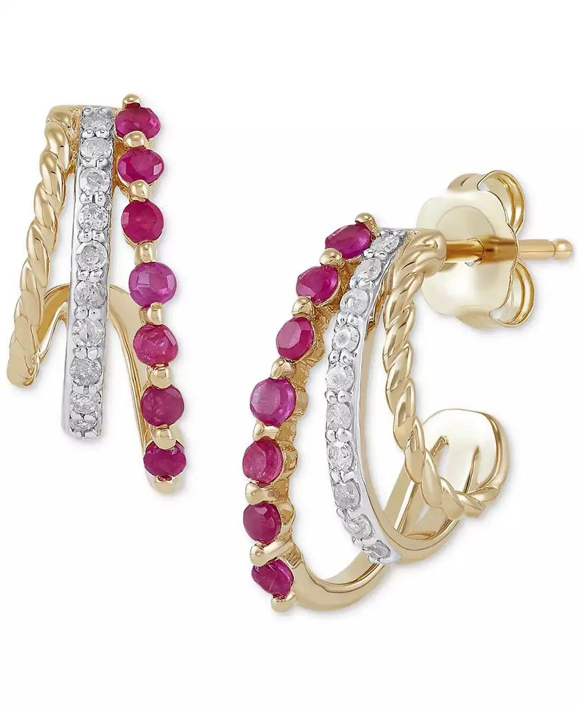 Macy's Ruby (1/4 ct. t.w.) & Diamond (1/10 ct. t.w.) Curved Halo Hoop Earrings in 14k Gold 1