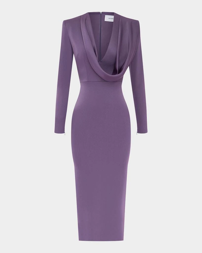 Alex Perry Draped Cowl-Neck Strong-Shoulder Satin Crepe Midi Dress 1