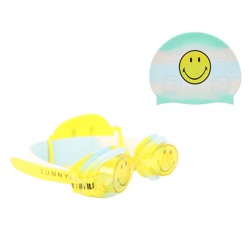 Sunnylife Smiley mini swim goggles and swimming cap set in yellow green blue and white