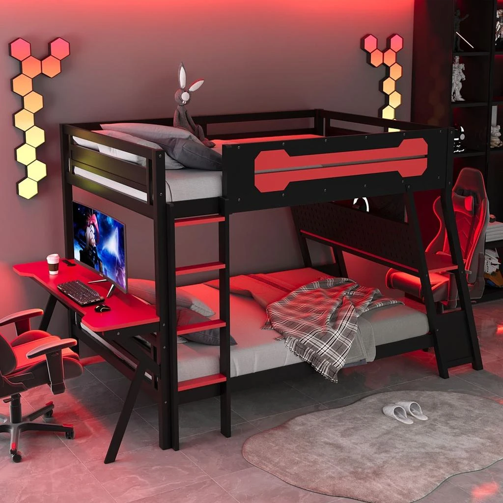 Streamdale Furniture Streamdale Full Size Bunk Bed with Two Gaming Desks 
USB Ports, Red