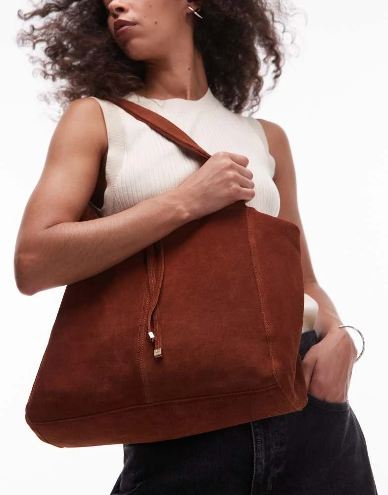 Mango Mango tie detail zip through suede tote bag in burnt orange 3