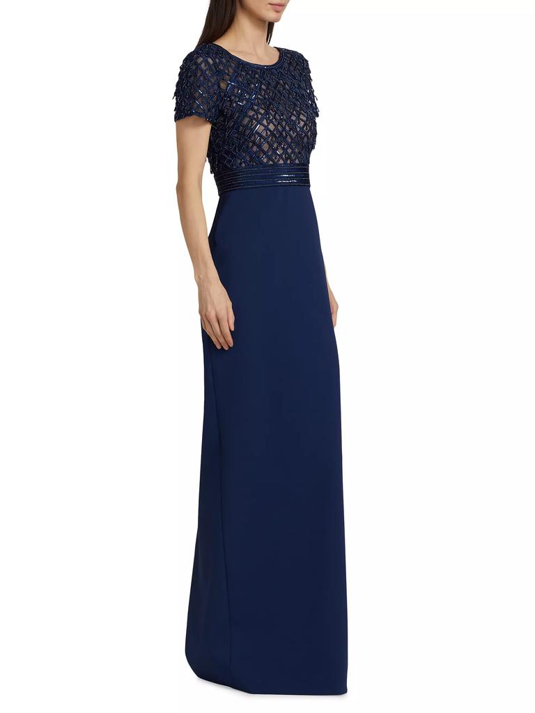 Pamella Roland Embroidered Bodice Crepe Column Gown