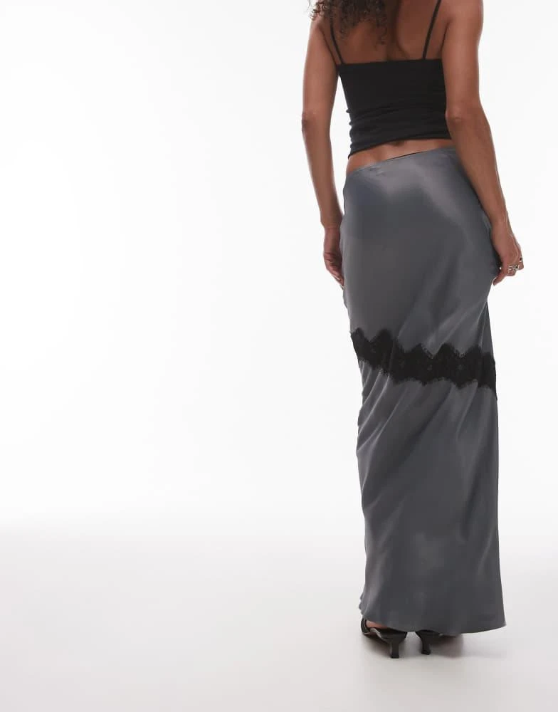 Topshop Topshop Satin bias maxi skirt with diagonal lace insert in grey 2