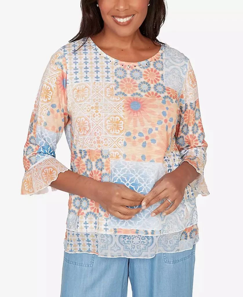 Alfred Dunner Women
s  Beachcomber Patchwork Medallion Ruffle Sleeve Top