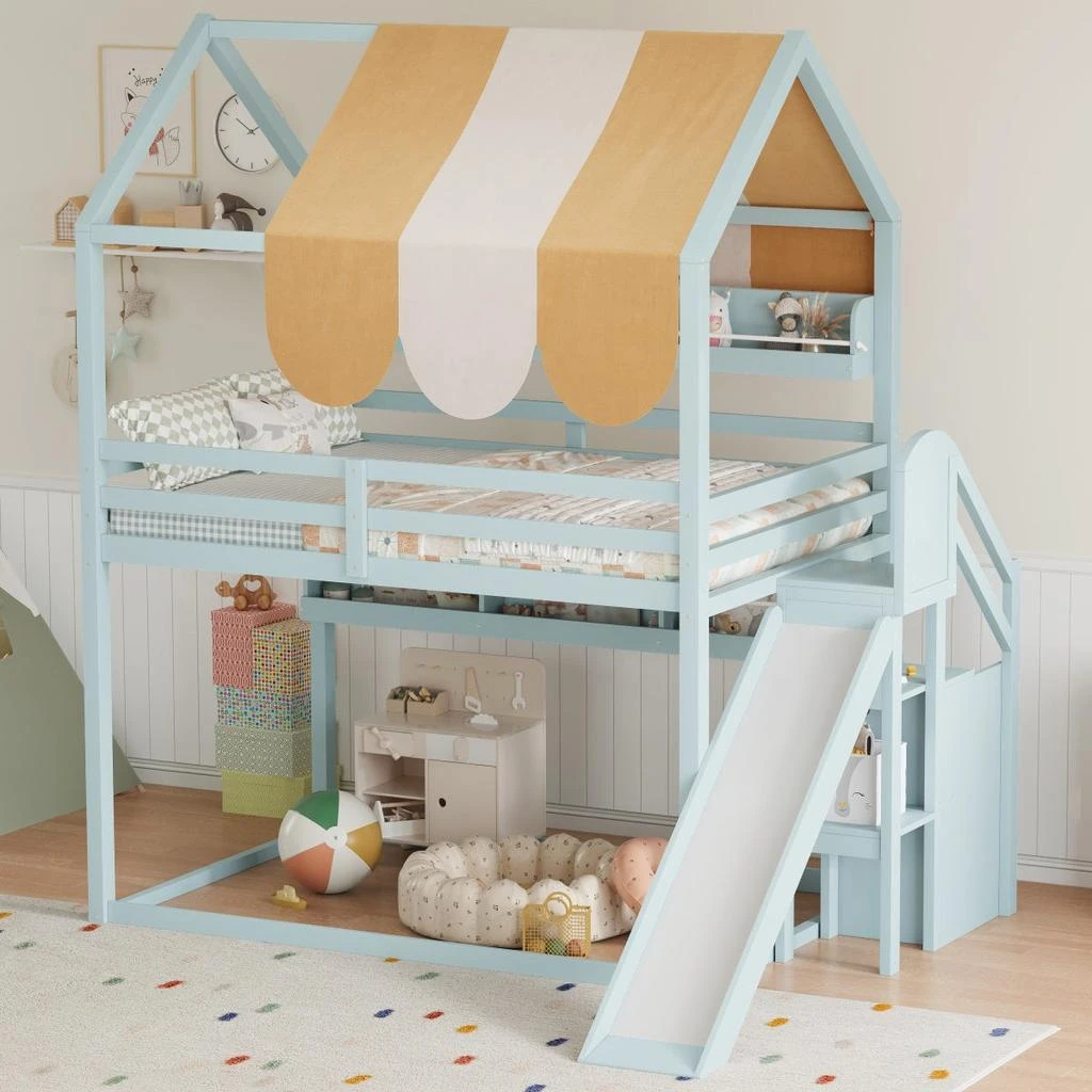 Streamdale Furniture Streamdale Full Size house Bed with Canopy, Slide 
Built-In Bookshelves, Light green 5
