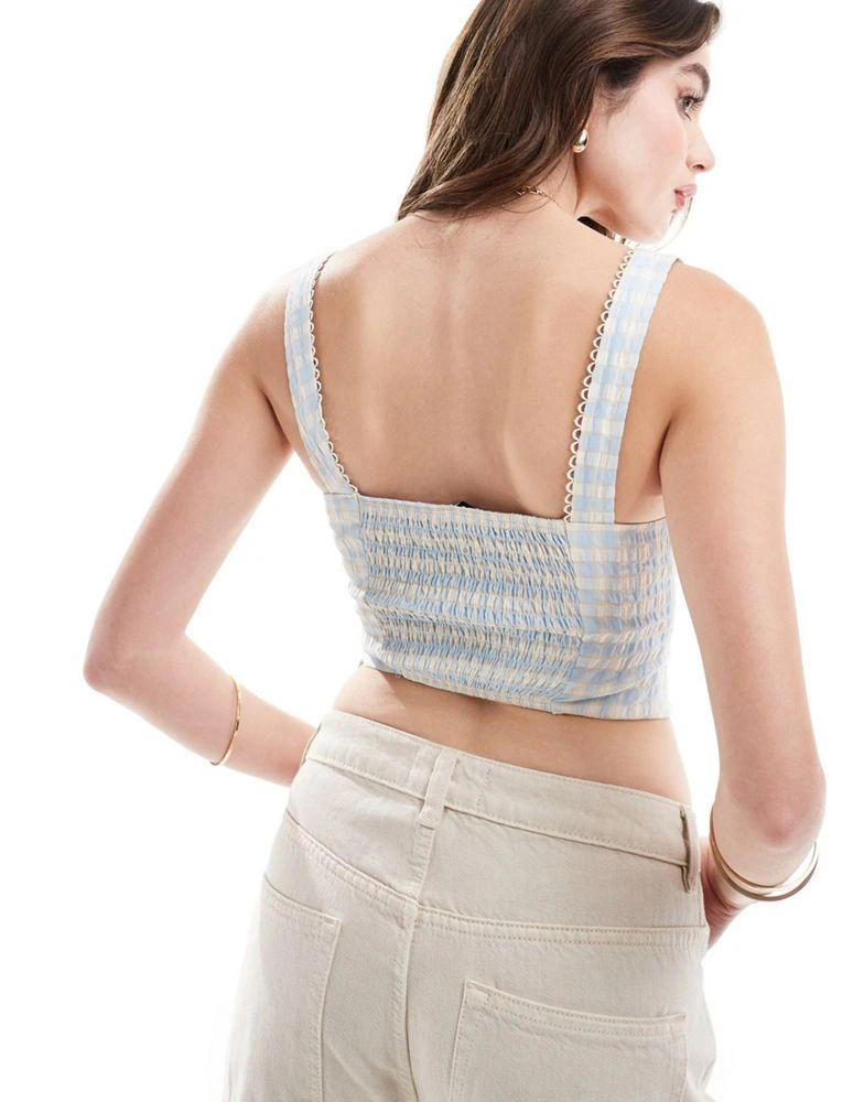 Bershka Bershka milkmaid top in blue & white check 3