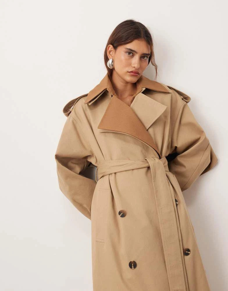 ARRANGE ARRANGE two tone lapel double breasted trench coat in tan 3