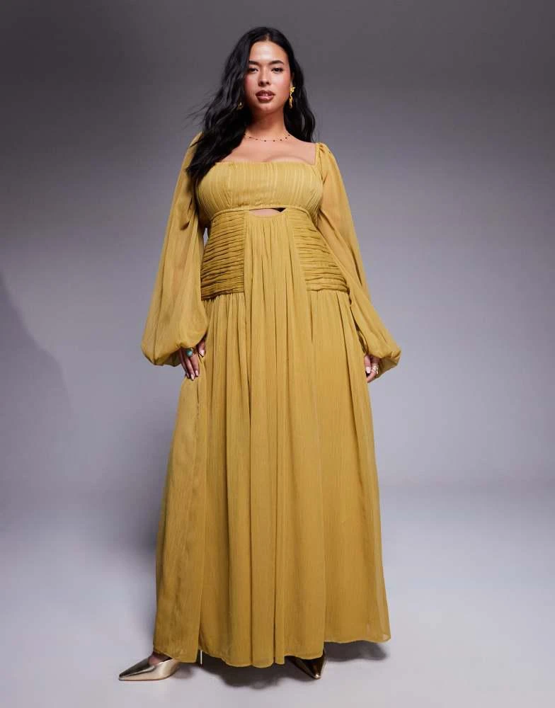 ASOS ASOS DESIGN Curve long sleeve cut out maxi dress with ruched skirt in olive green 1