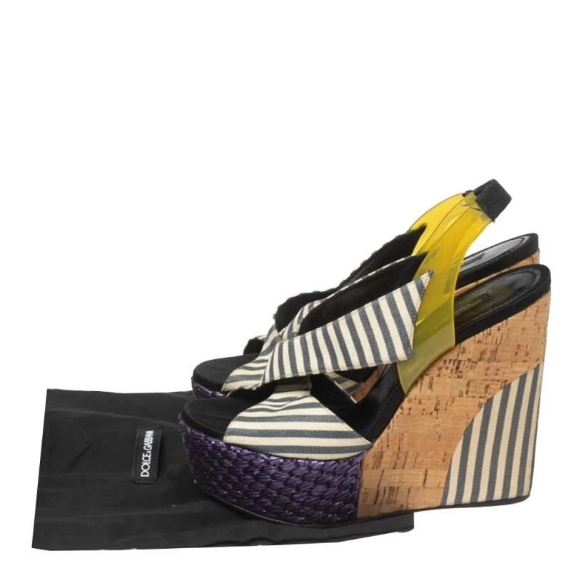 Dolce & Gabbana Dolce & Gabbana Multicolor Striped Fabric and PVC Cross Strap Slingback Wedge Sandals Size 37 9