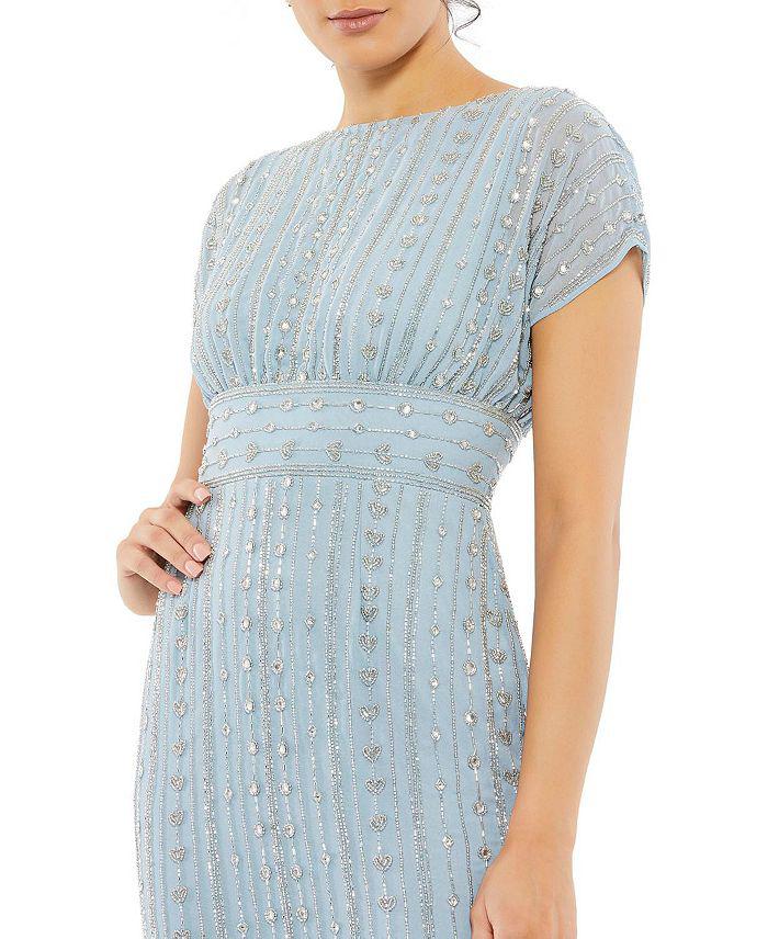 Mac Duggal Beaded Cap Sleeve Column Midi Dress