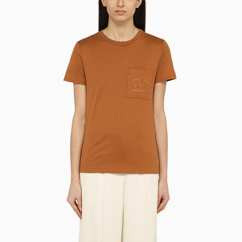 Max Mara Leather-colored cotton T-shirt with logo