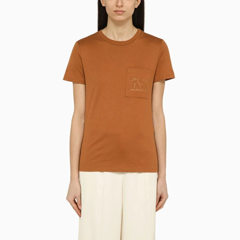 Max Mara Leather-colored cotton T-shirt with logo 1