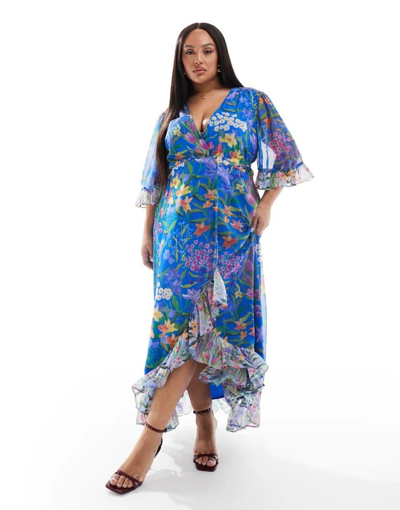 Hope & Ivy Plus Hope & Ivy Plus frill sleeve maxi wrap dress with tie waist in blue print 1