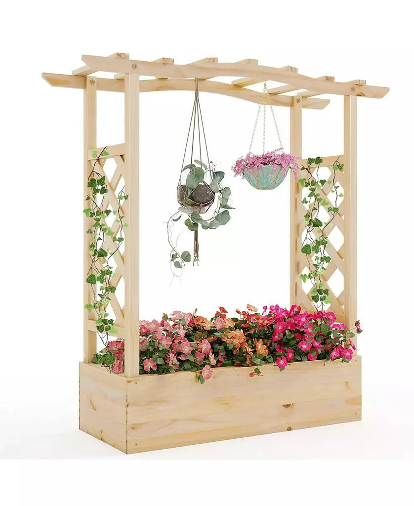 GOUUN Wooden Raised Garden Bed Planter Box with Trellis and Hanging Roof