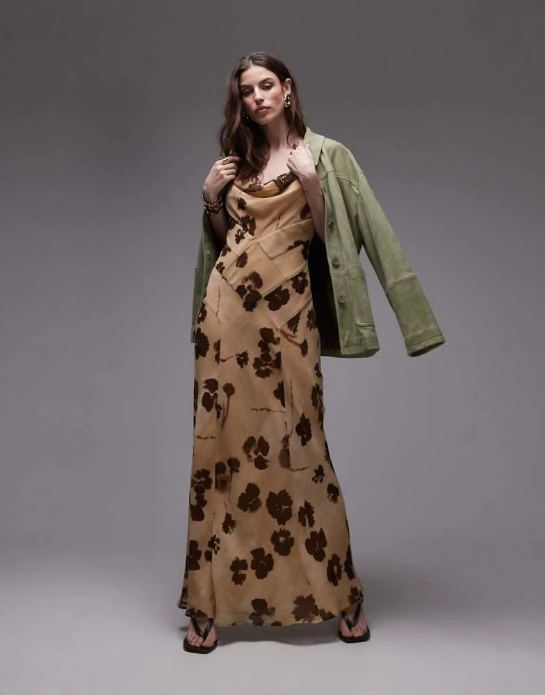 Topshop double layered cowl neck maxi dress in buttermilk floral-Yellow