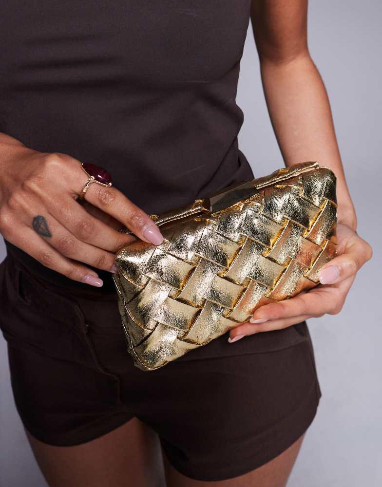 True Decadence True Decadence structured woven clutch bag in gold metallic