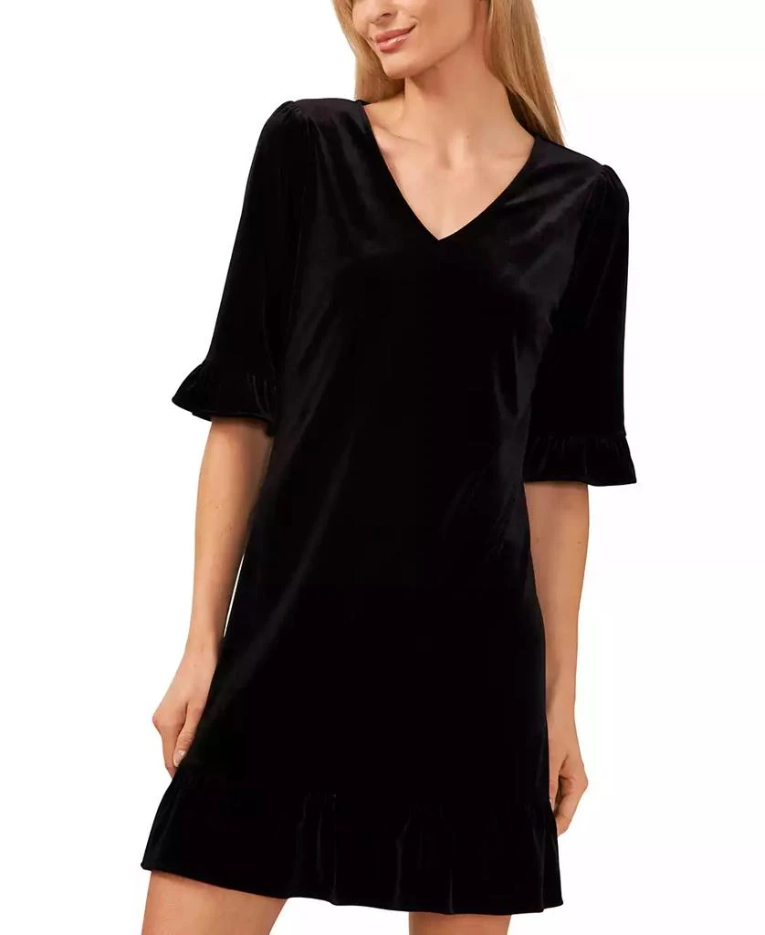 CeCe Women's Velvet 3/4-Sleeve Ruffle Trim Shift Dress 3