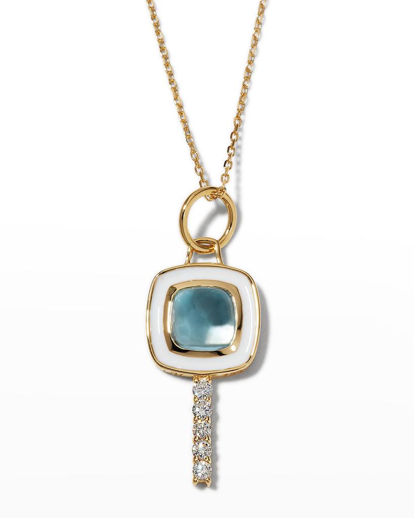 Monica Rich Kosann 18K Yellow Gold Mini Cushion Key Necklace with White Enamel, Blue Topaz, and Diamonds