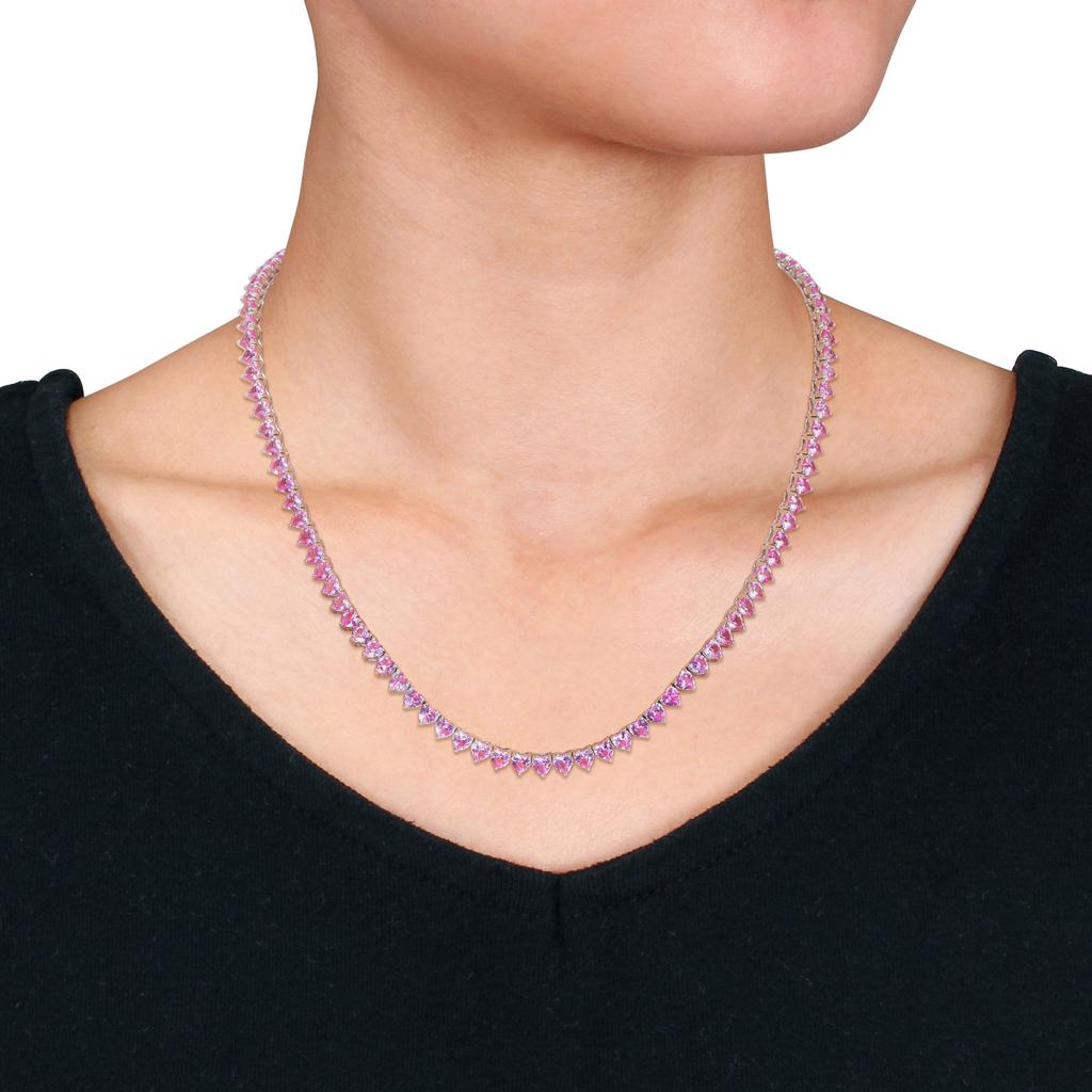Mimi & Max 31-1/5ct TGW Heart-Cut Created Pink Sapphire Tennis Necklace in Sterling Silver - 18 in.