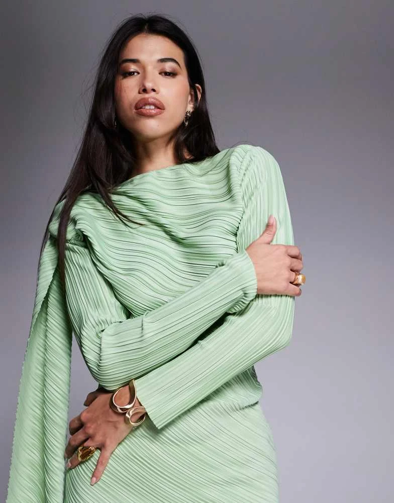 ASOS ASOS DESIGN plisse long sleeve drape detail maxi dress in mint green 3