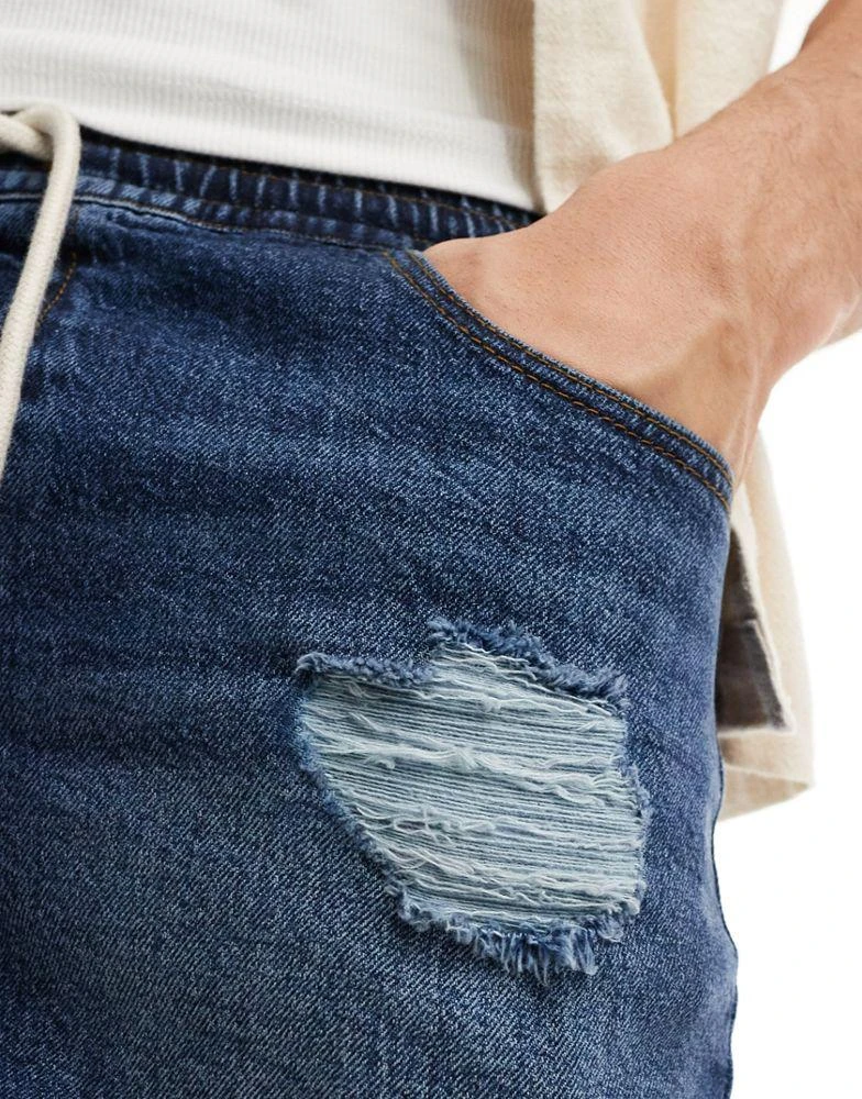 ASOS ASOS DESIGN shorter length slim denim shorts with distressing in dark wash blue 2