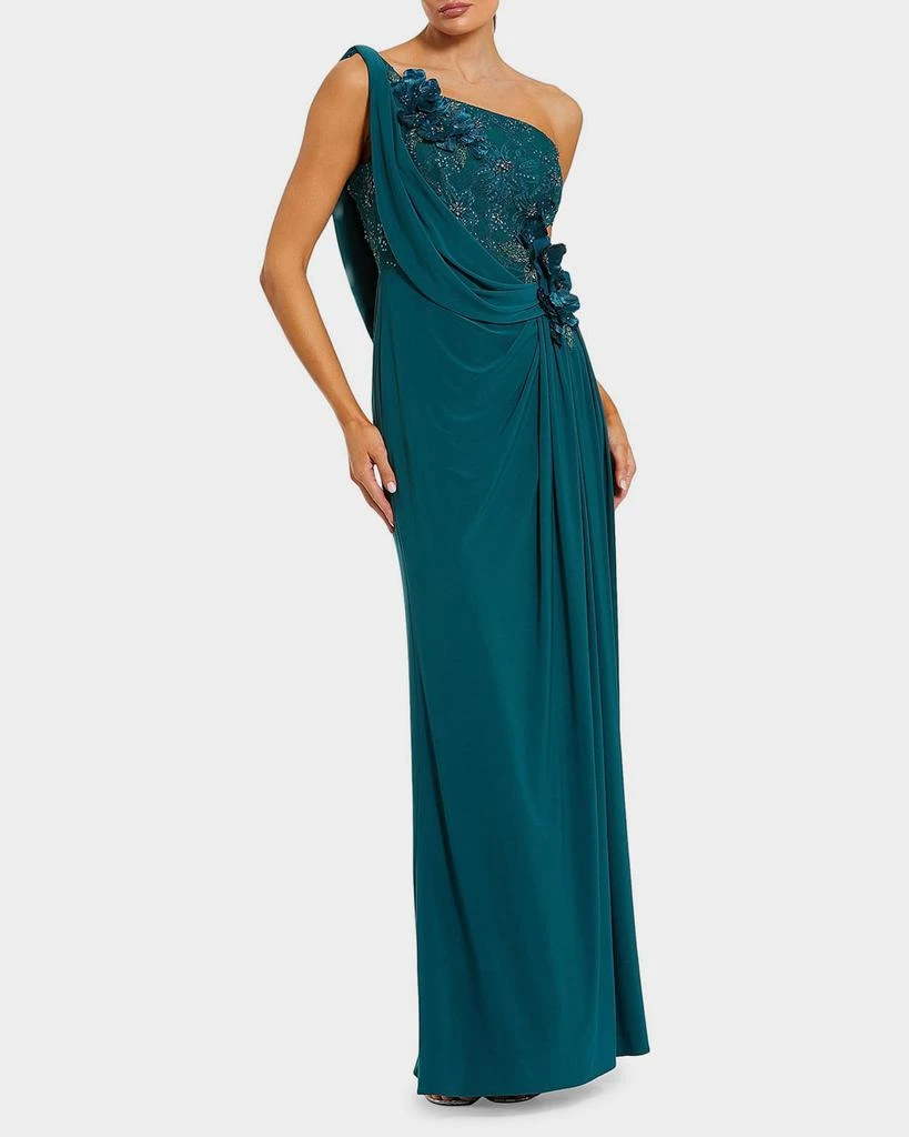 Mac Duggal Draped One-Shoulder Beaded Jersey Gown