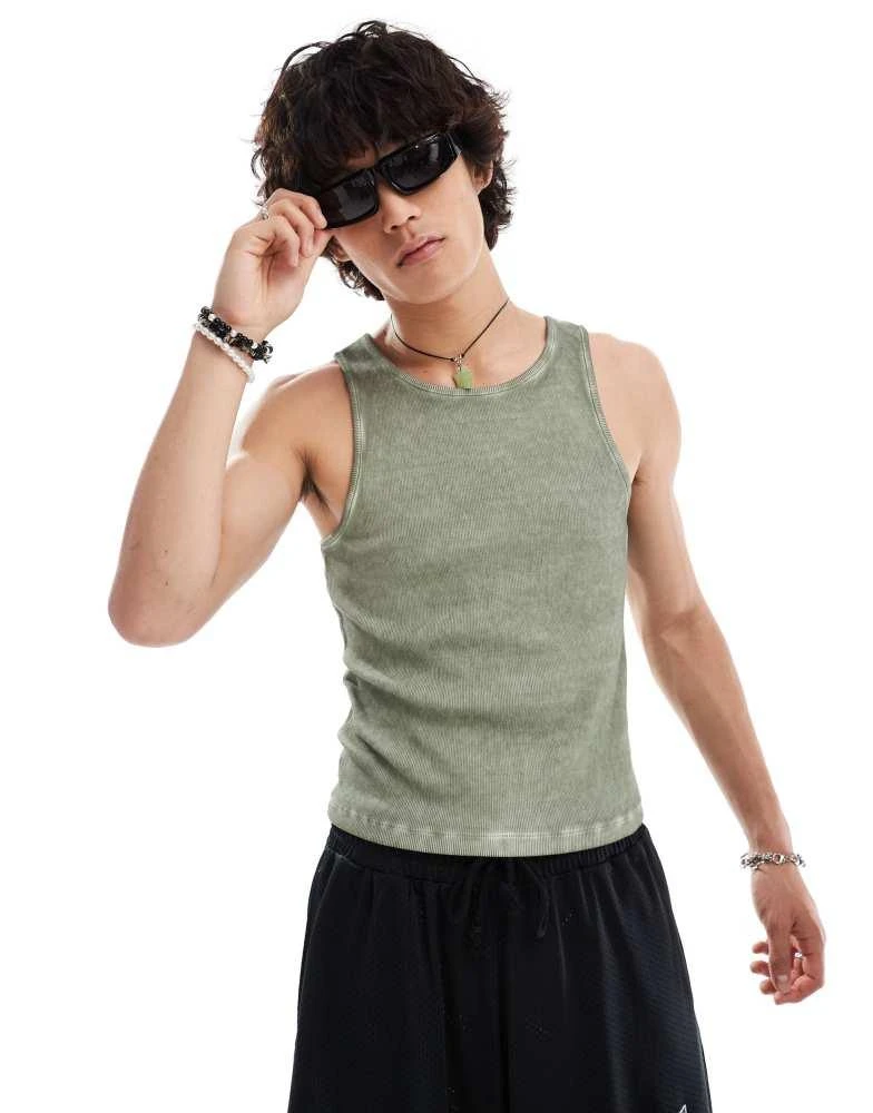 COLLUSION COLLUSION Ribbed muscle vest with oil wash in green 1