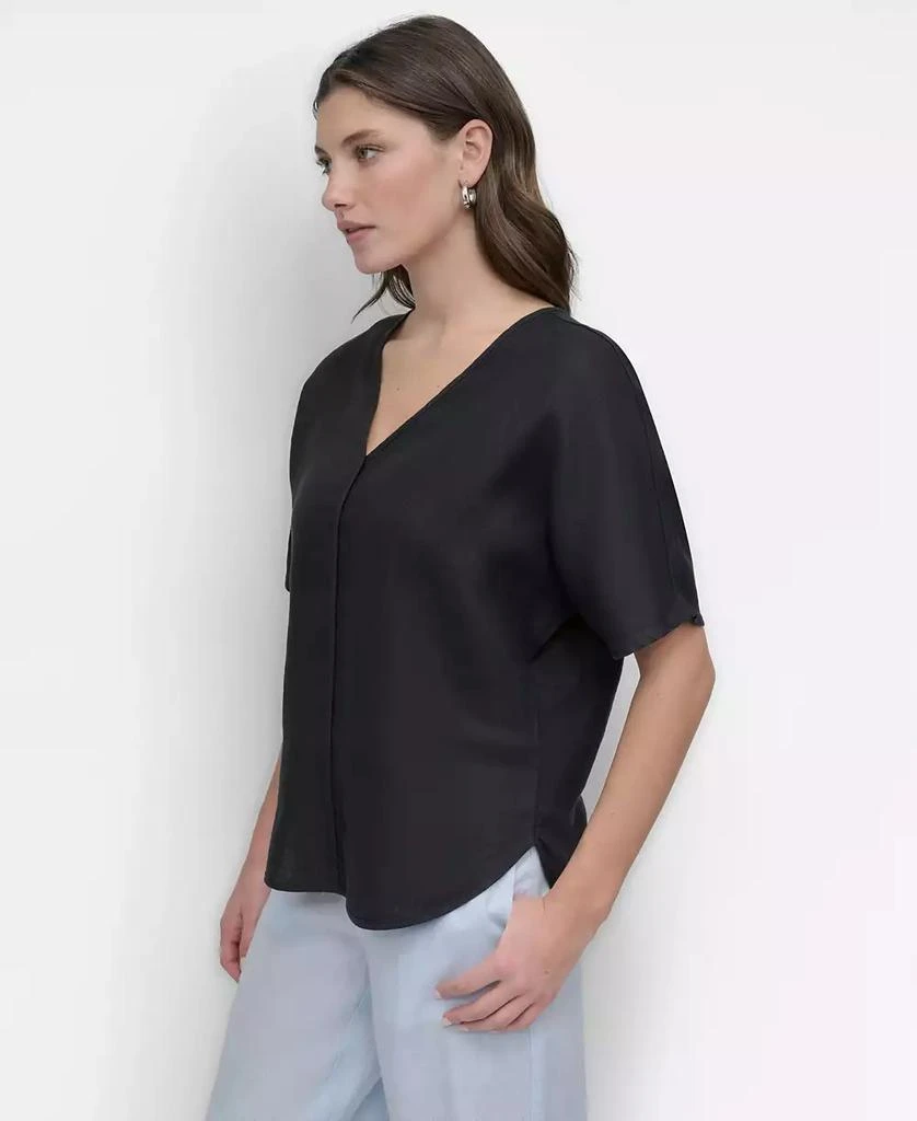 DKNY Women's Seamed-Front V-Neck Curved-Hem Linen Blouse 1