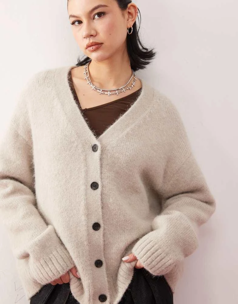 Weekday Weekday Emira fluffy knit slouchy cardigan in beige melange 4