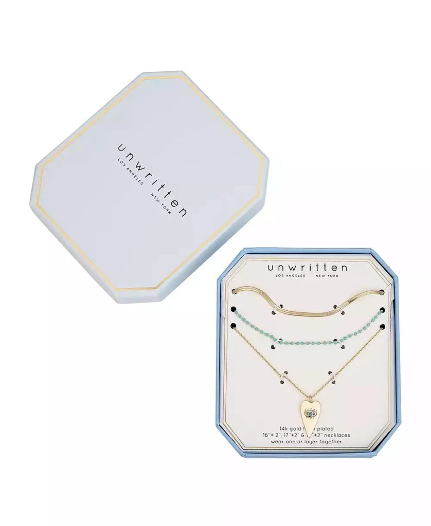 Unwritten 14k Gold Flash Plated Reconstituted Turquoise Stone and Evil Eye Heart Layered Pendant Necklaces, 3 Piece Set 3