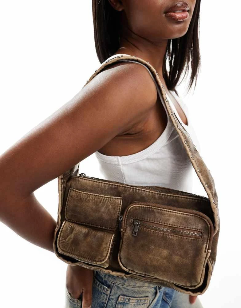 Bershka Bershka pocket detail faux leather shoulder bag in washed brown 1