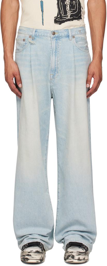 R13 Blue Damon Pleated Wide Leg Jeans - Pants - BeyondStyle