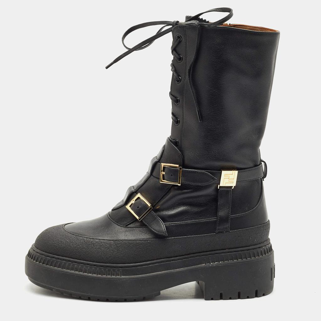 Shop Fendi Black Leather Delfina Biker Boots Size 38 on Sale at