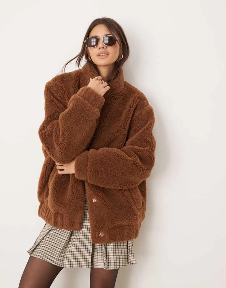 Miss Selfridge Miss Selfridge oversized borg bomber in tan 1