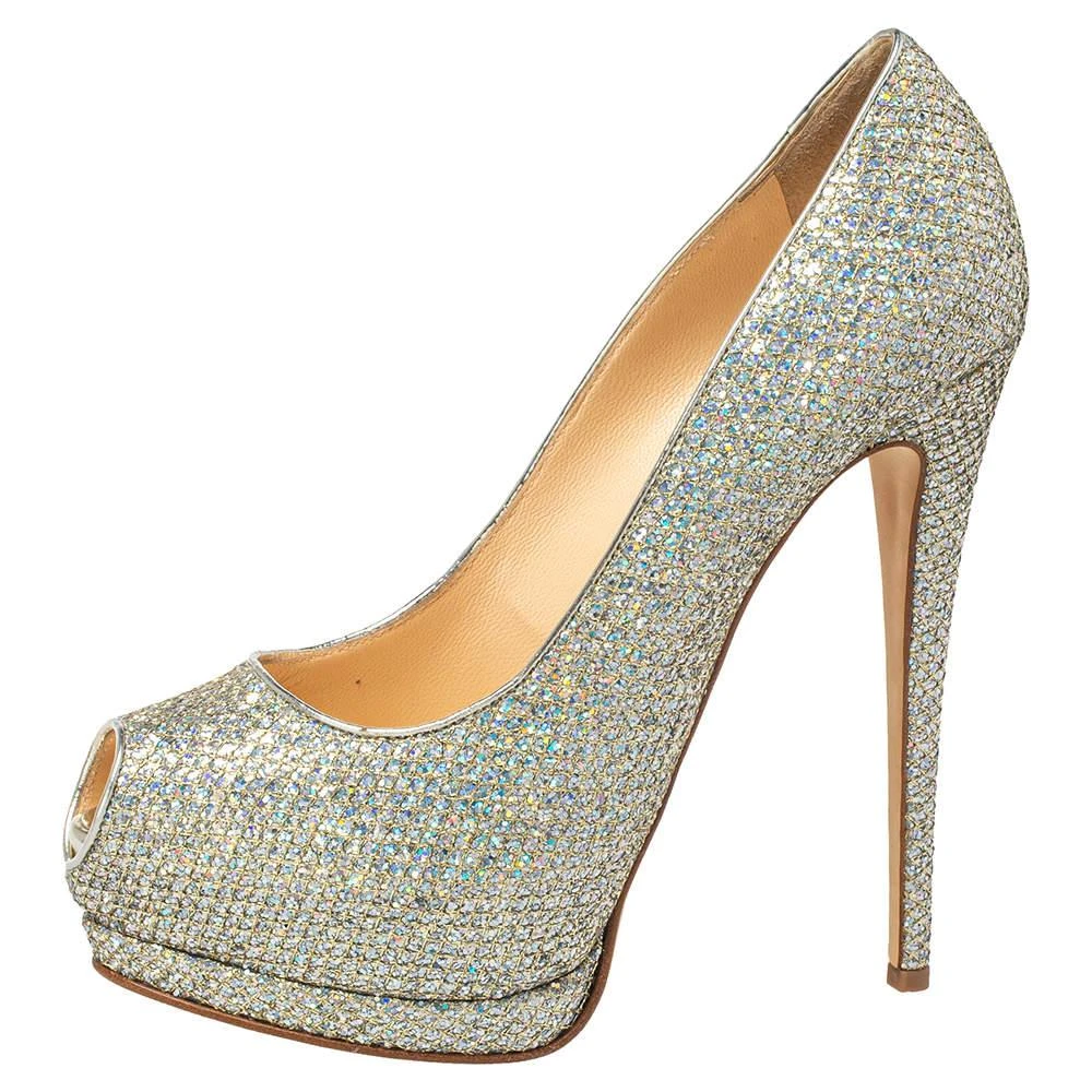Giuseppe Zanotti Giuseppe Zanotti Silver Glitter And Leather Sharon Peep Toe Platform Pumps Size 40 2