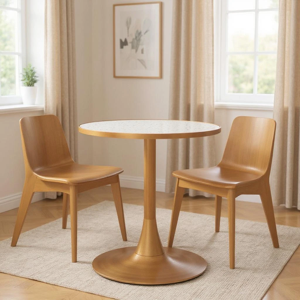 Hivvago 24" Beige and Gold Wood and Steel Pedestal Base Round Top Dining Table