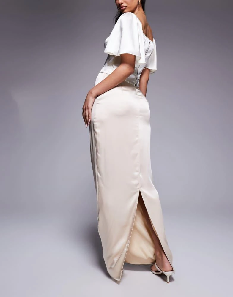 Kaiia Kaiia exclusive satin bodycon bow trim detail maxi skirt in cream 3