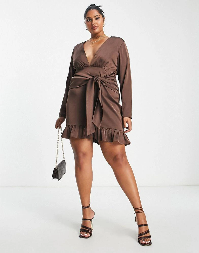 Lola May Curve Lola May Plus tie waist mini dress in chocolate brown 4