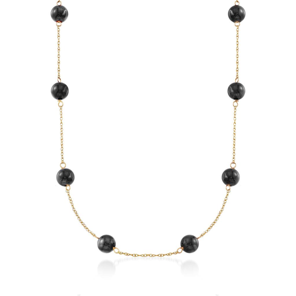 Ross-Simons Ross-Simons 8mm Black Onyx Bead Station Necklace in 14kt Yellow Gold
