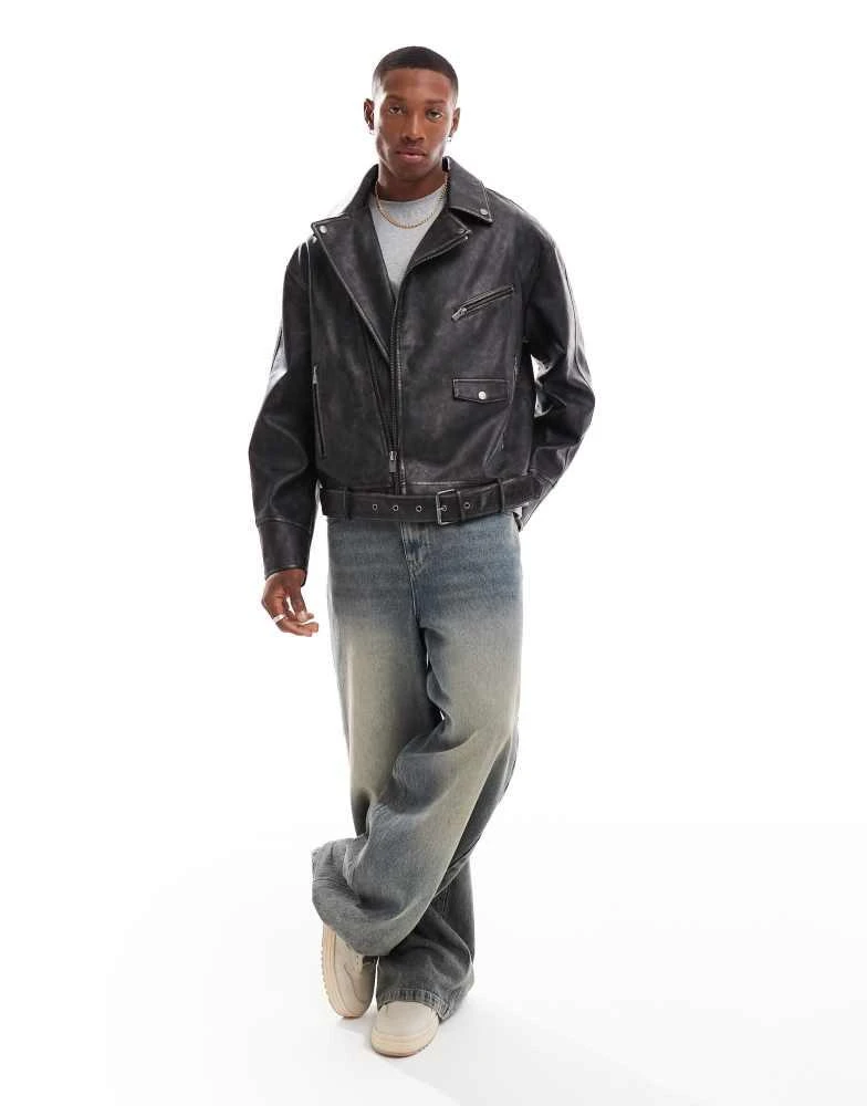 Bershka Bershka faux leather washed biker jacket in black 4