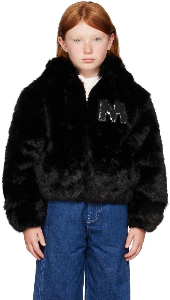 Marni Kids Black Faux-Fur 'M' Patch Jacket