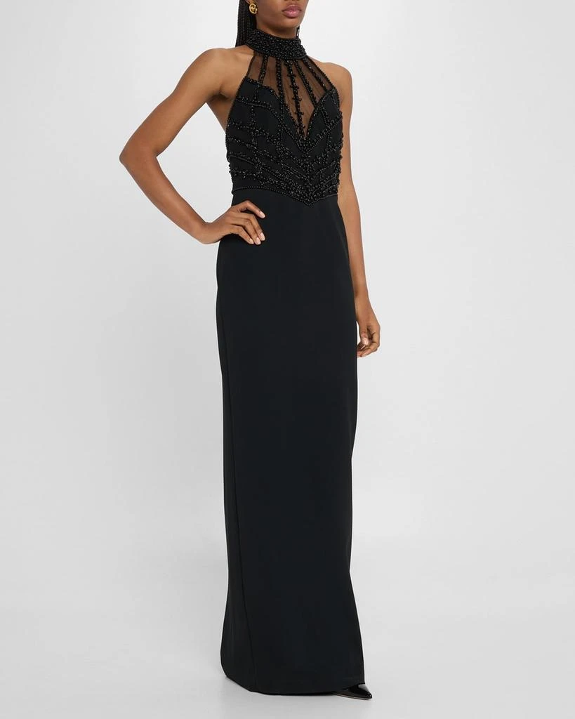 Pamella Roland Embroidered Crepe Halter Illusion Gown 4