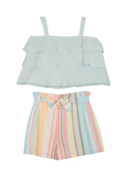 Rare Editions Editions Girls 7 16 Gauze Ruffled Top And Striped Shorts Set