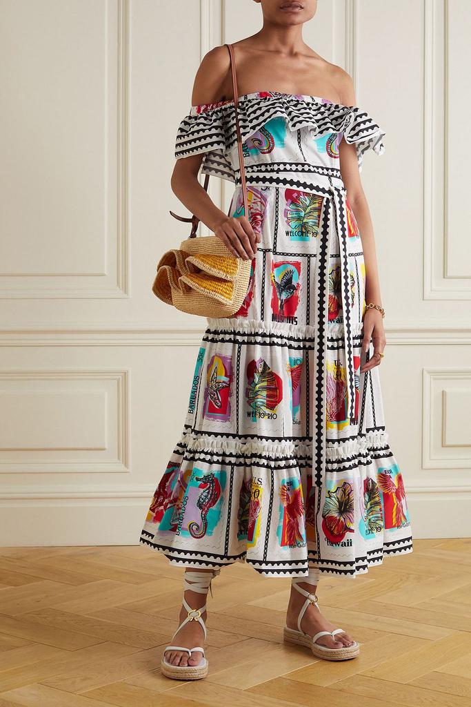 MARY KATRANTZOU Cannes off-the-shoulder tiered printed cotton-blend midi dress